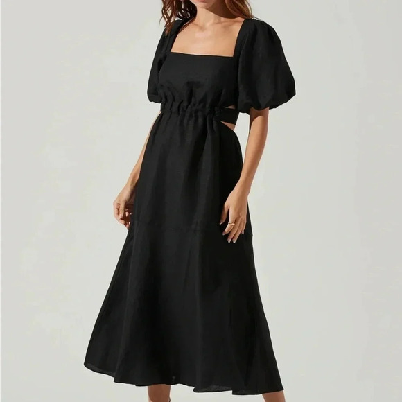 ASTR THE LABEL NWT Black Linen MIDI Cut Out Puff Sleeve Angeles Dress M - Picture 3 of 10